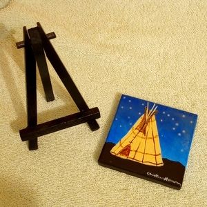 Authentic Native American Original miniature 3"×3" "Teepee painting" on easel.